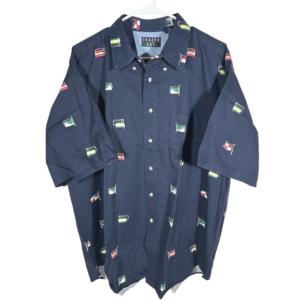Trader Bay Mens Navy Blue Nautical Flag Print Short Sleeve Button Down Shirt XL